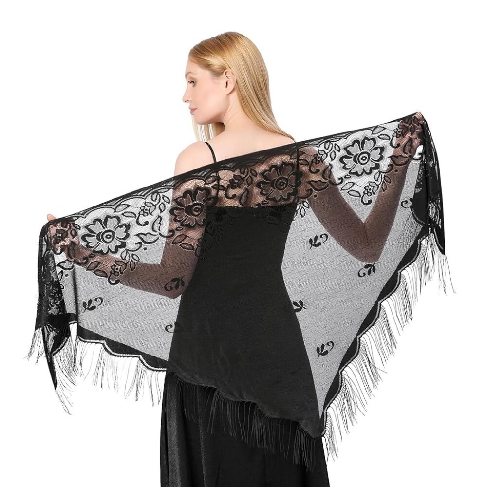 SPECIALTY HOUSE Small-Large Black Lace Fringe Triangle Shawl Elegant Witchy